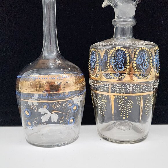 Bohemian Blown Glass Decanters Hand Painted Blue Enamel Gold Paint 7.5" - Picture 9 of 13